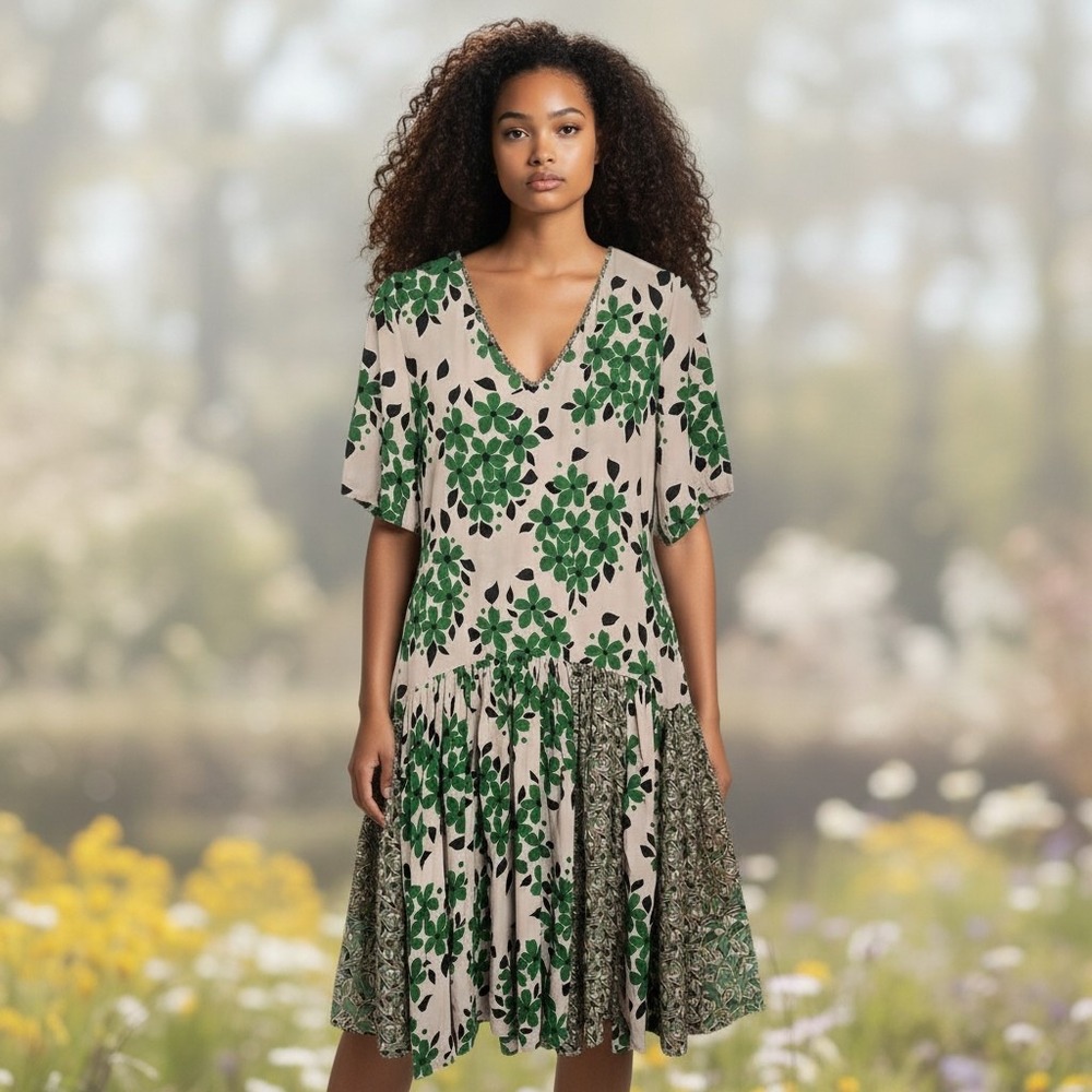 Suno Silk Floral Midi Dress Size 0 Green V Neck Drop Waist Boho Spring Women's